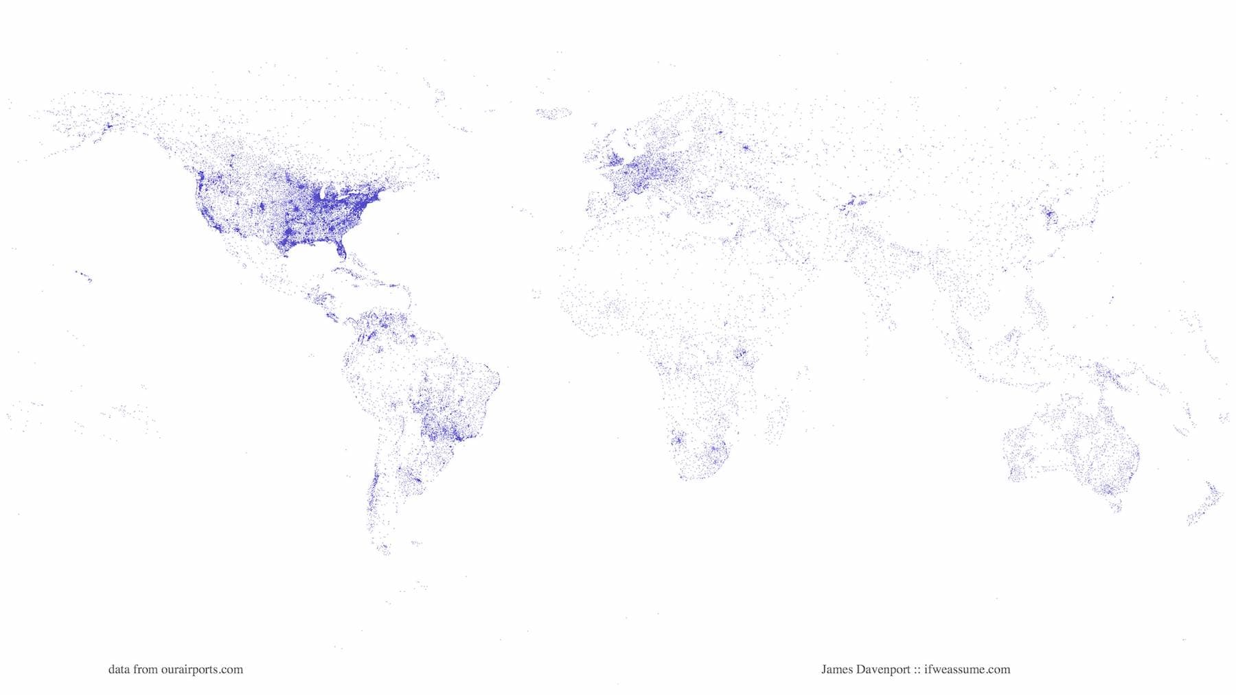 Mapa del mundo creado a partir de marcar todos los aeropuertos del mundo