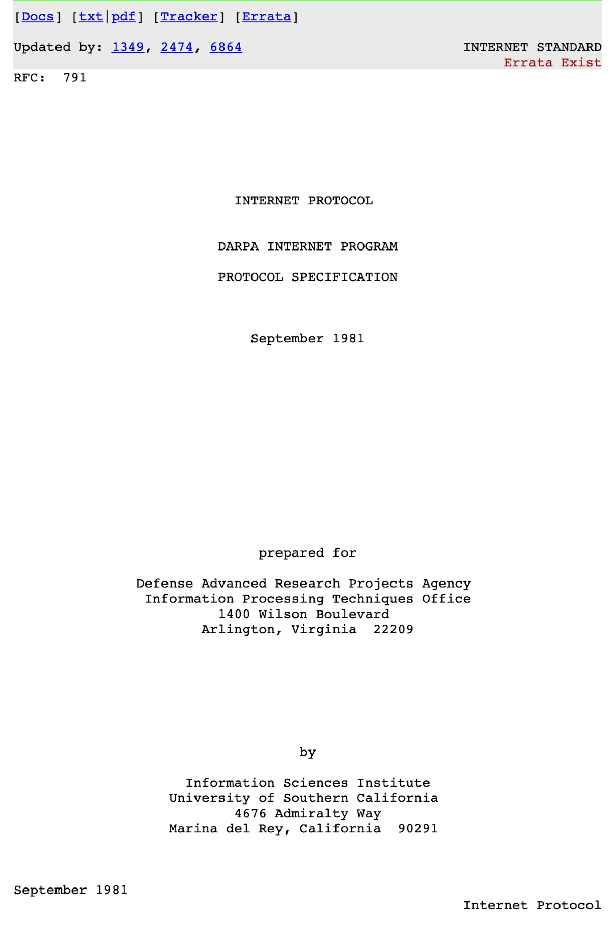 Cuarta versión del protocolo de Internet de septiembre de 1981