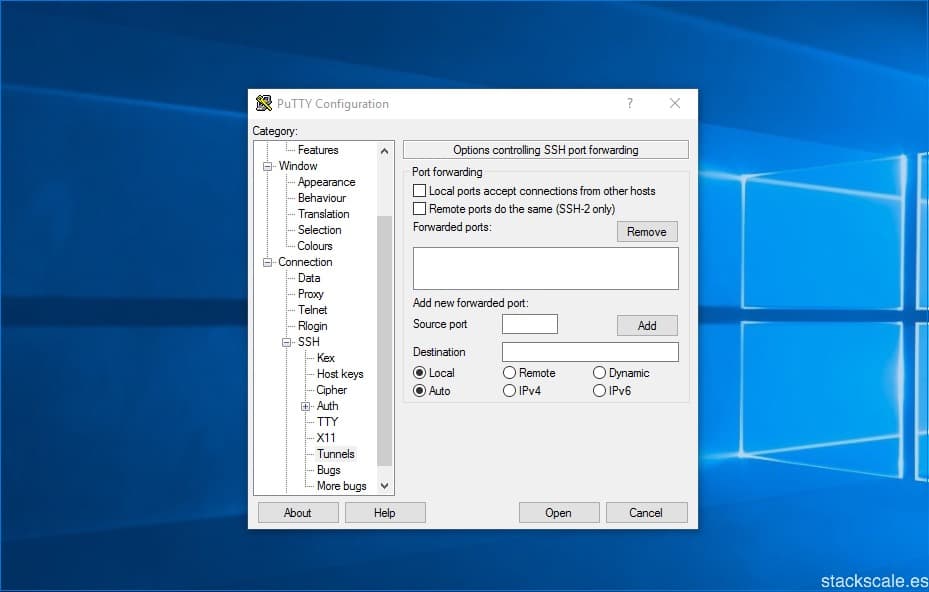 Configuración de PuTTY