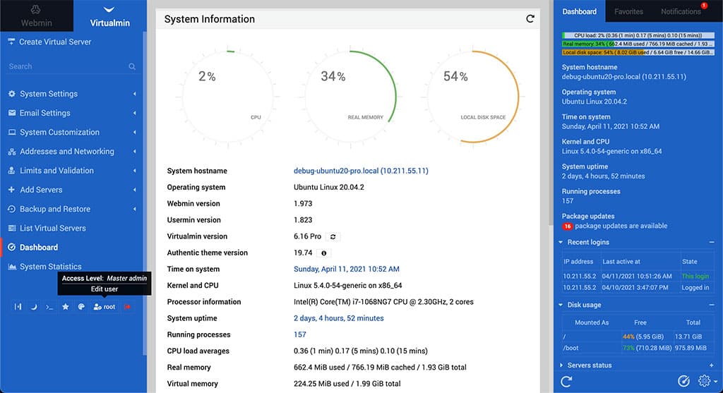 Virtualmin control panel