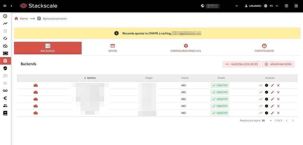 Aprovisionamiento en el panel de control de CDN de Stackscale