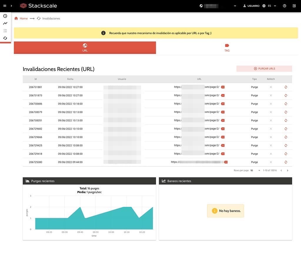 Invalidaciones en el panel de control de CDN de Stackscale